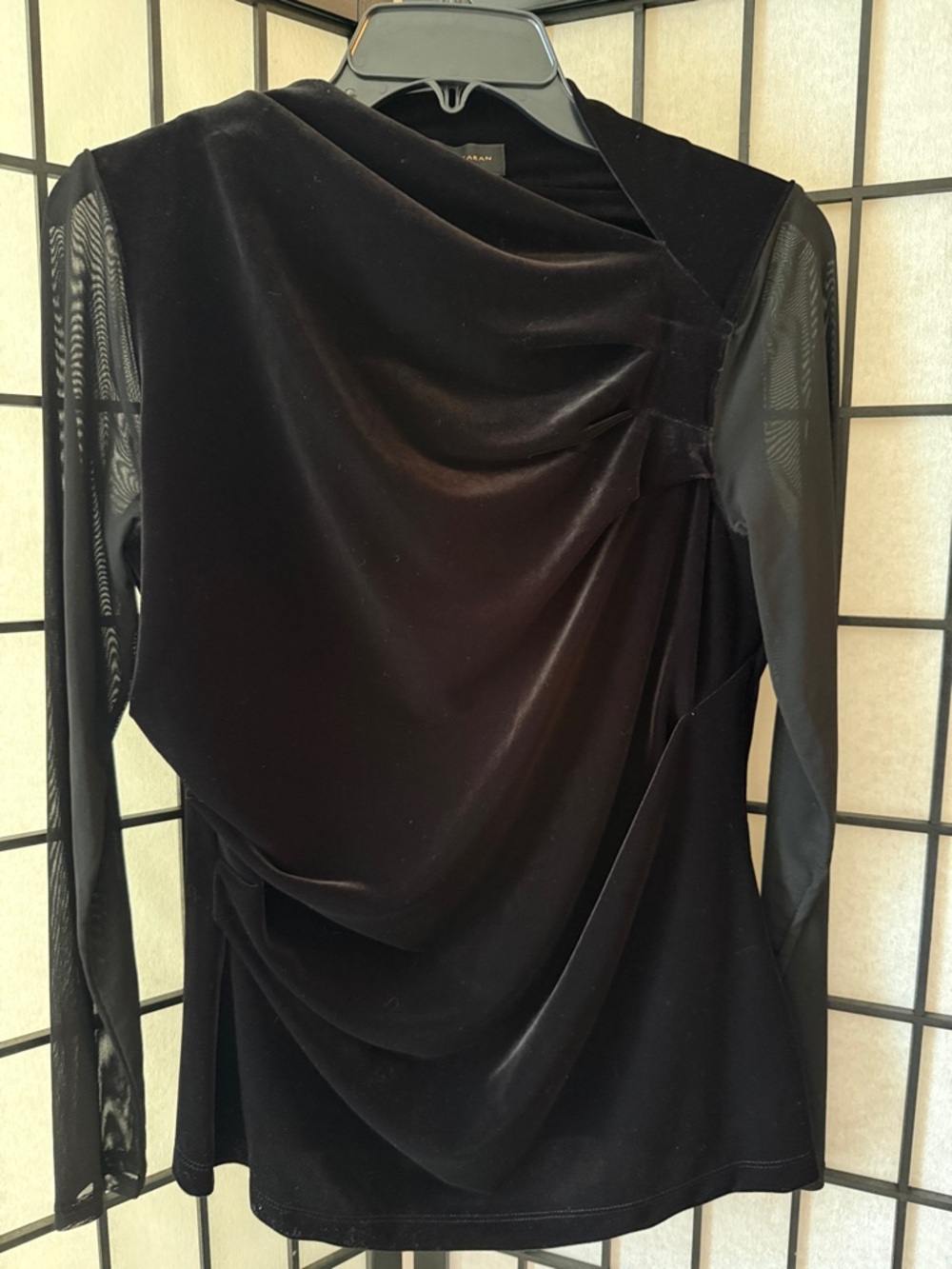 Donna Karan Black Draped Velvet Mesh-Sleeve blouse size M NWT